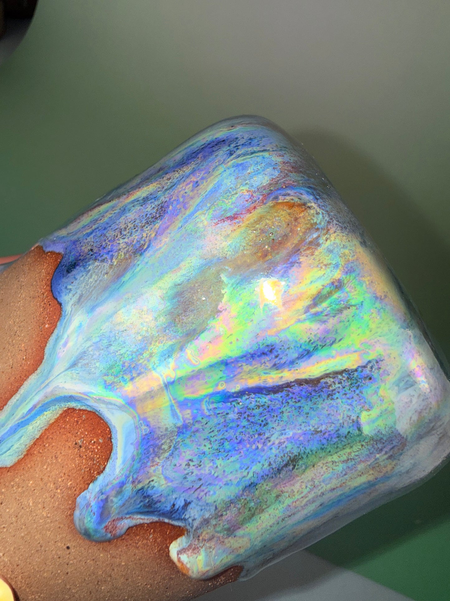 Dark clay iridescent drippy travel cup
