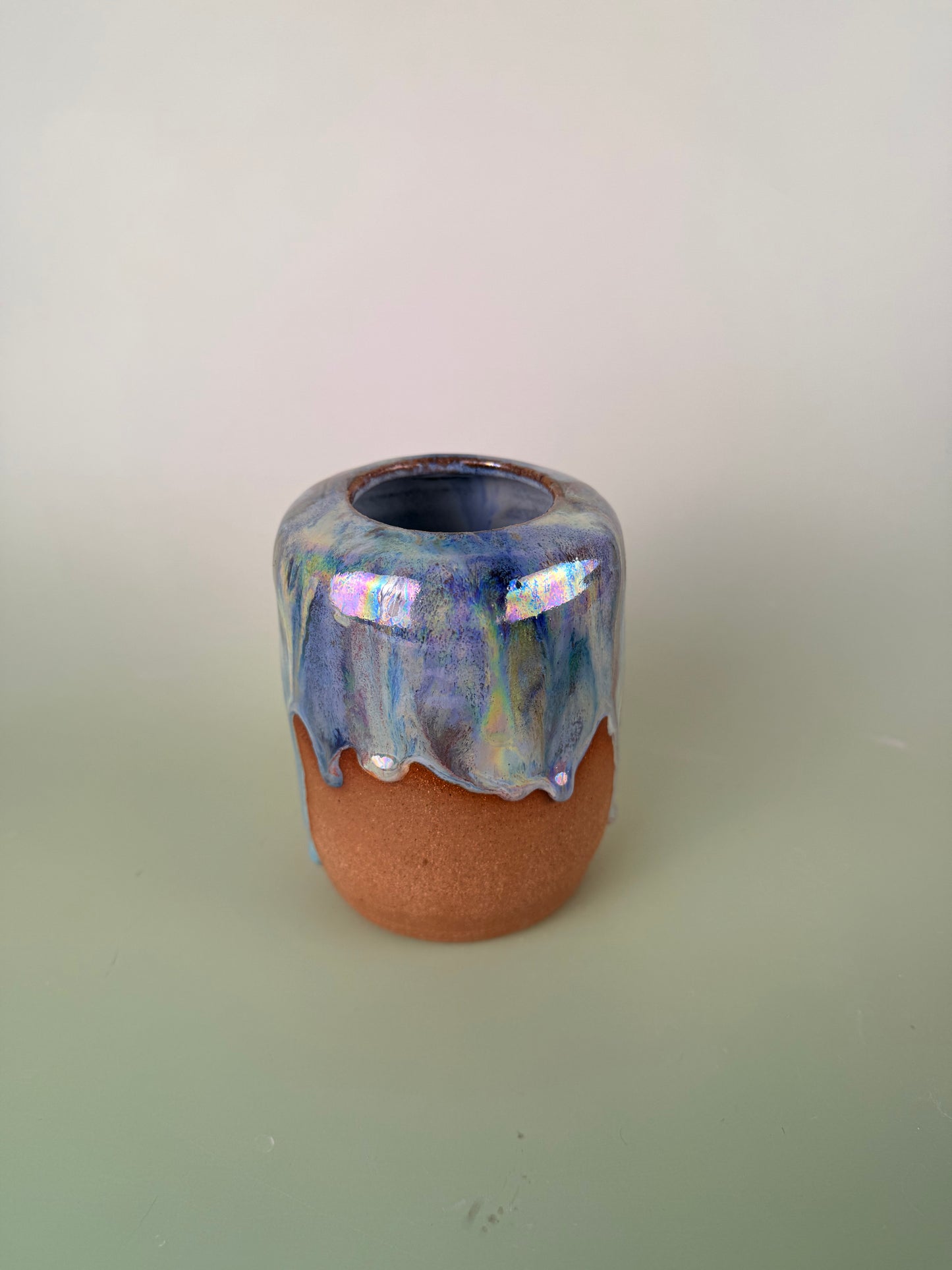 Dark clay iridescent drippy travel cup