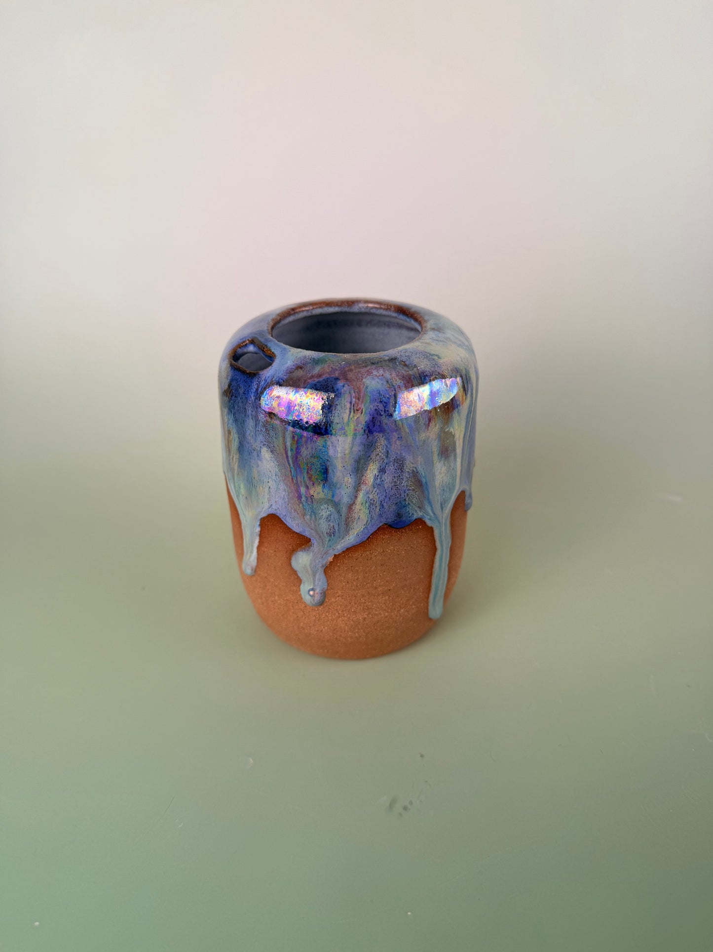 Dark clay iridescent drippy travel cup